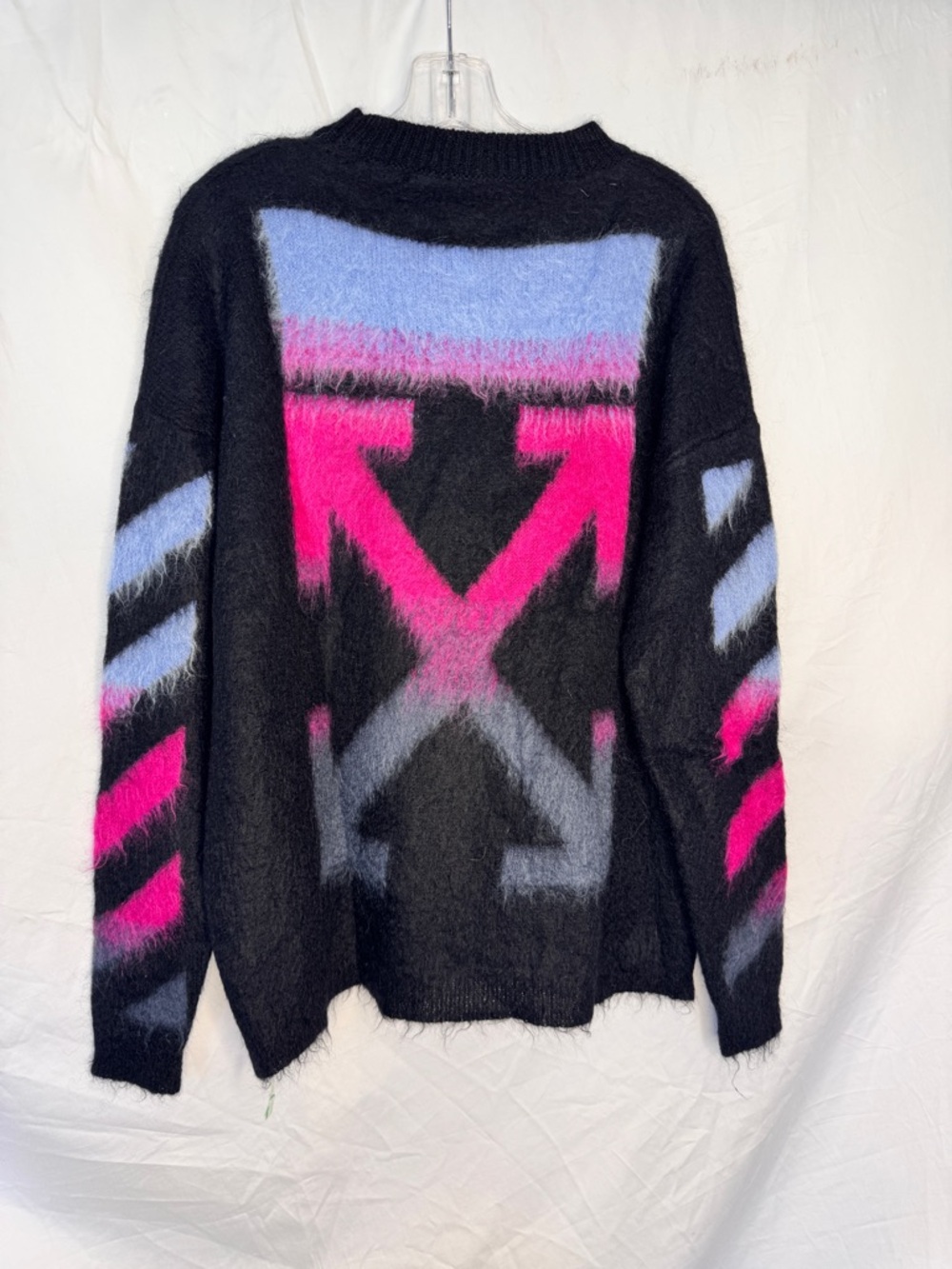 Off White Virgil Abloh Black Fuzzy Sweater with Pink & Light Blue Graphic Arrows